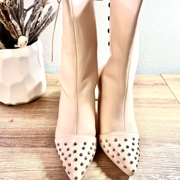 Nude Studded Booties with Lace Open Back Leather boots - Picture 10 of 12